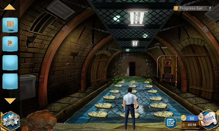 Escape Room Parallel Mystery screenshot showing a vaulted chamber with a glowing portal and item slots