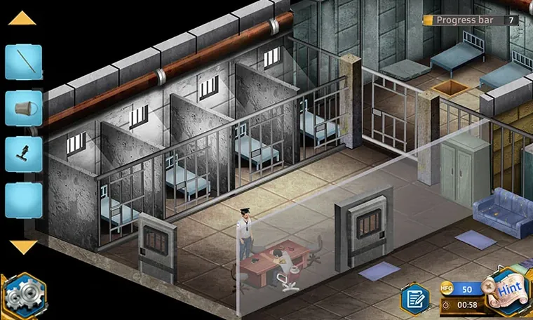 Escape Room Parallel Mystery screenshot of a workshop room with the inventory bar on the left