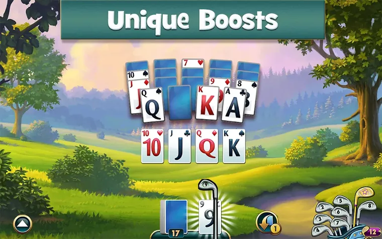 Fairway Solitaire - Card Game screenshot with the boosters panel open above the card row
