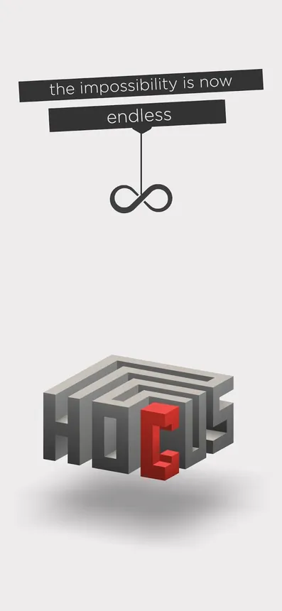 hocus. screenshot showing the red cube on a grey impossible-geometry structure