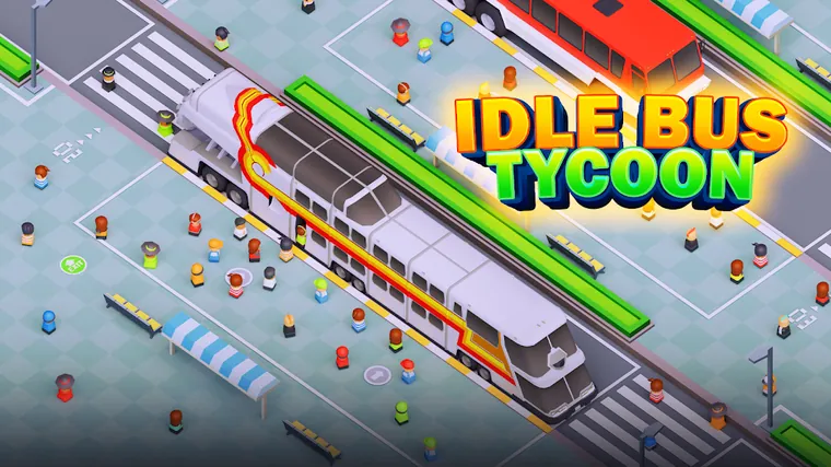 Idle Bus Station - Tycoon Game screenshot showing an isometric station with coaches at their platforms