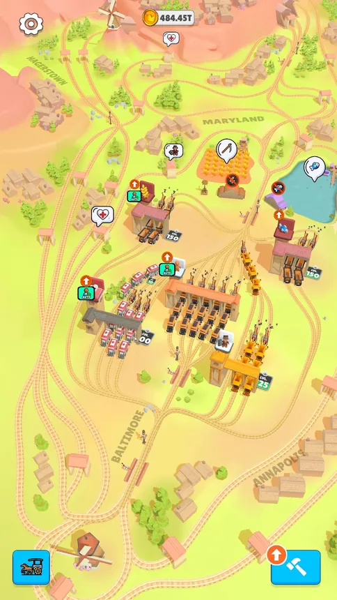 Rail Master Tycoon: Idle Train screenshot showing a green map with rail lines linking small towns