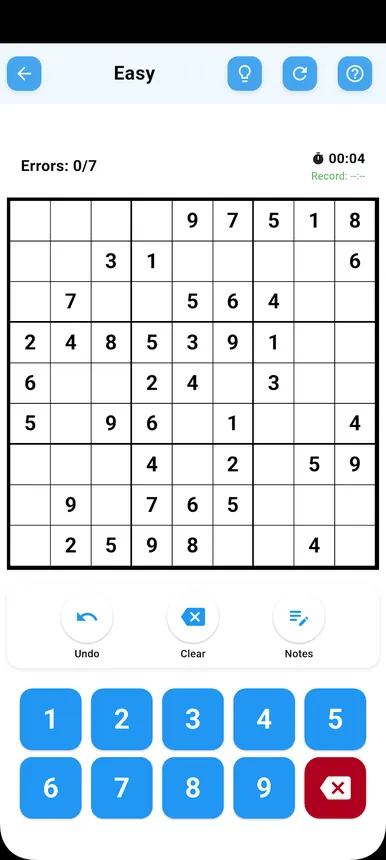 Sudoku without ads screenshot of a nine by nine grid in play with the number pad below