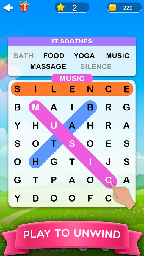 Word Search 2 - Hidden Words screenshot with a letter grid and a themed word list above it