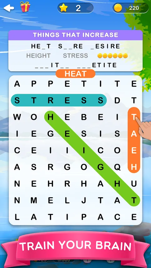 Word Search 2 - Hidden Words screenshot with a traced word highlighted inside the grid